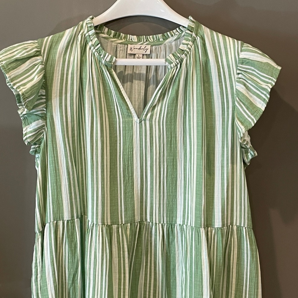 Wonderly Green White Striped Tiered Mini Dress Cotton Gauze Flutter Sleeve L